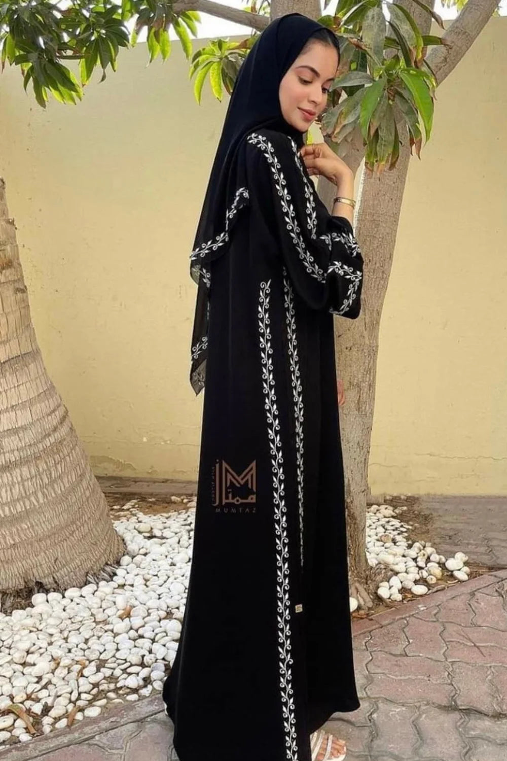 Gulnaz Black Abaya with White Dainty Embroidery